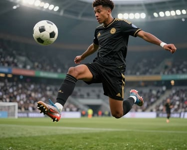 Cinematic shot of a young soccer player of diverse origin, mid-air while kicking a soccer ball. Sharp focus, stadium lights in a European facility, dynamic movement. The player wears a professional black kit with gold accents.