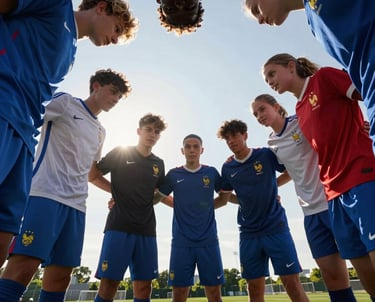 Low angle photography of a group of diverse young athletes, boys and girls, huddling together on a soccer pitch in France. They look motivated and inspired. The sun shines behind them, creating a professional and heroic atmosphere.
