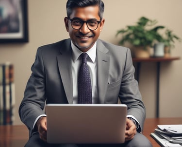 A friendly consultant speaking with a client over a video call in a cozy home office.
