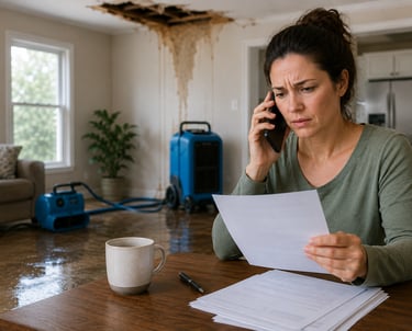 Homeowner reviewing insurance paperwork after water damage