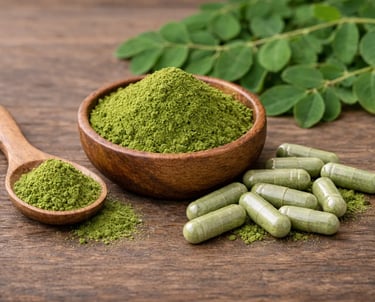 Pó de moringa orgânico em uma tigela e colher de madeira ao lado de cápsulas de suplemento alimentar