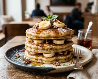 Pilha de panquecas de banana fofinhas, cobertas com nozes