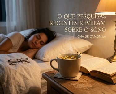 Mulher dormindo tranquilamente na cama, próxima a um criado-mudo com uma xícara de chá de camomila 