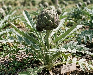 Alcachofra fresca da variedade Tupac crescendo em um campo agrícola, com folhas verdes