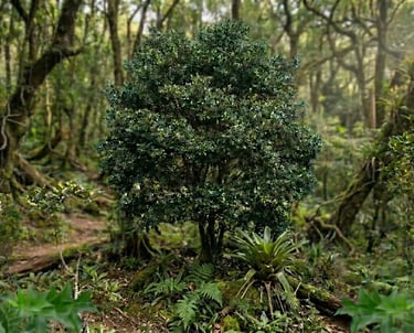 Árvore de espinheira-santa em uma densa floresta tropical, com samambaias ao redor