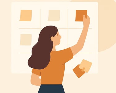 a woman is sticking on board a note