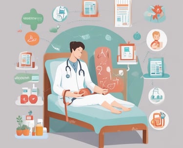 A professional consultation setting with a medical professional sitting at a desk facing a client. The room has a modern aesthetic with white walls decorated with framed certificates. The desk is organized with office supplies, a laptop, and a fruit bowl in the center.