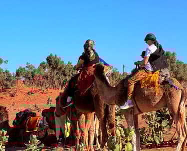 Tourists enjoying a guided camel trek through the red sand dunes of the Sahara Desert under a clear blue sky.