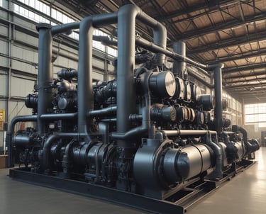 A complex network of power lines and electrical equipment, including transformers and insulators, spans across a substation structure. Numerous high-voltage cables connect various components, set against a backdrop of a partly cloudy sky.