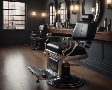 A close-up of a red barber chair with the name 'Belmont' prominently displayed on its shiny metallic headrest. The background features vague, out-of-focus shapes that seem to be other barber chairs and tools in the salon.