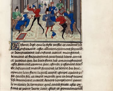 une page de manuscrit enluminée montrant des noble jouer aux échecs