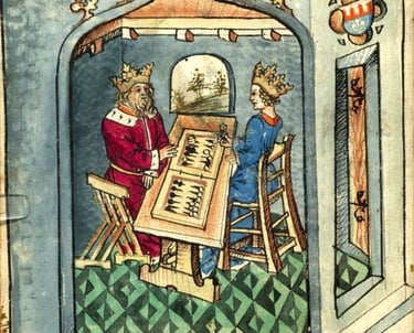 une iconographie médiévale avec deux rois et reines jouant a un jeu de société