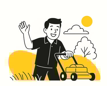 a man in a black shirt is holding a yellow lawn mower