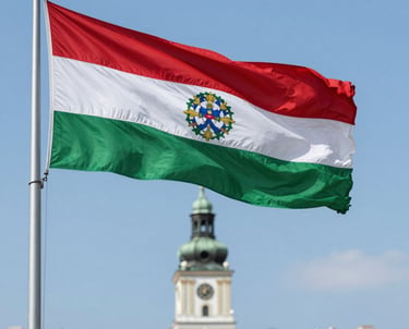A smiling professional holding Canadian flag with city skyline in background.