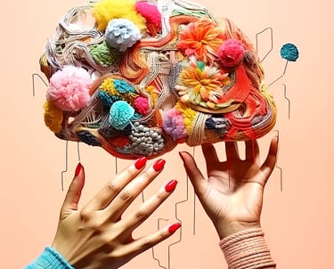 Cerveau tissé en fils colorés et pompons, tenu par deux mains aux ongles rouges, fond pastel.