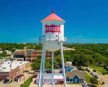 water tower in downtown Frisco, TX