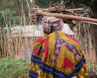 a woman carrying a large pile of sticks and sticks