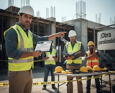 supervisor revisa fichas técnicas y epp certificados iso/osha en obra