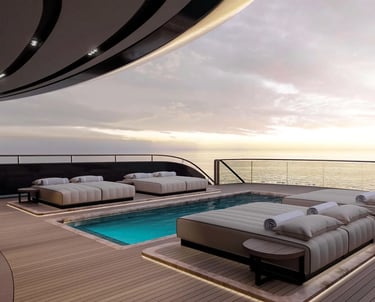 Luxury pool deck on Rise superyacht by Olesinski at sunset.