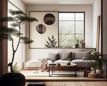 Serene minimalist room with natural wood elements and lush greenery views.
