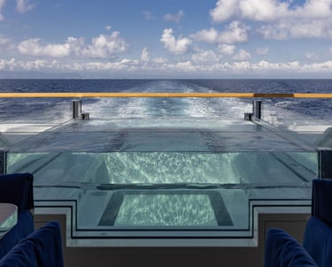 Camper & Nicholsons yacht wellness deck with infinity pool overlooking the open sea.