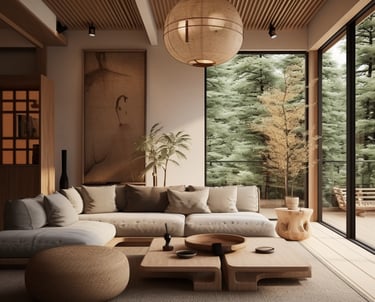 Modern living room with large windows overlooking a serene forest setting.