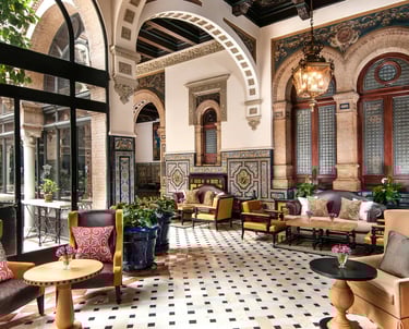 Hotel Alfonso XIII, Moorish-style hotel lounge with intricate tilework in Seville.