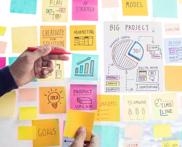 Sharing product launch idea concepts with papernote writing strategy on wall glass office