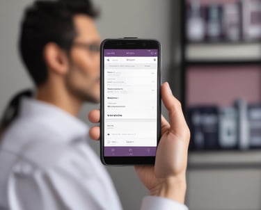 A checkout counter in a grocery store with a computer screen displaying a point-of-sale software interface. The counter has various products like snacks and a barcode scanner. Shelves filled with assorted items are visible in the background, with customers browsing and shopping.