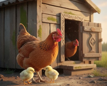 a chicken coop with chickens and chicks in a coop