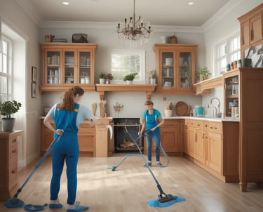 A professional cleaner organizing supplies in a well-maintained office space.