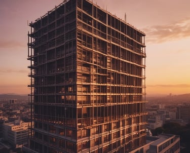 Modern city skyline with residential and commercial buildings under clear sky.