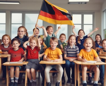 A classroom setting with students learning German online.