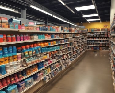 Detailed view of a well-organized store section from an elevated perspective. The image features various household items and cookware arranged on shelves and display tables. Shoppers can be seen browsing through the store. The bright lighting and clean, modern design emphasize the neatness and organization. The store has aisles and designated sections for different types of products.