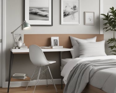 A cozy, well-decorated room with a study desk and comfortable bedding.