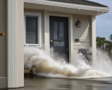 A flooded street with a person wearing a helmet riding a red motorcycle through the water, while a white car is partially submerged. Trees line the road, and a few pedestrians appear to be walking cautiously along the sidewalk.