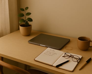 organized desk with closed laptop, open notebook, mug, plant, and pens
