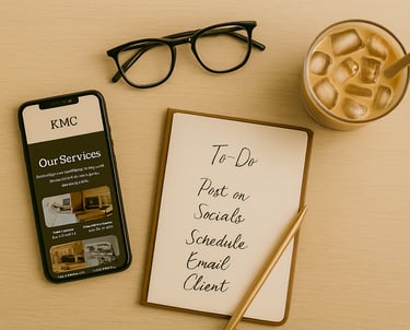 “Workspace with smartphone showing KMC services, to-do list notebook, iced coffee, and eyeglasses