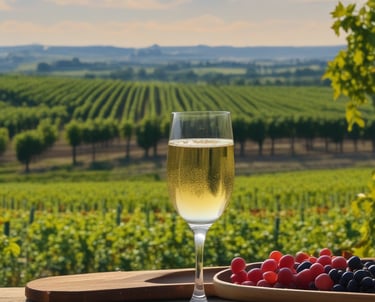 A scenic view of the Champagne region vineyards.
