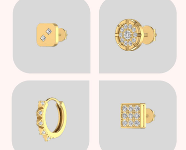 Collection of 14k gold diamond earrings featuring studs, hoops, and geometric pave designs.