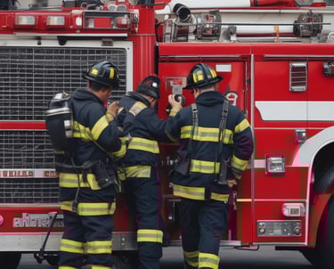 Several emergency responders attend to a person lying on the ground. One responder kneels beside the individual, holding medical equipment, while another is positioned nearby with a red medical bag. The scene suggests a medical emergency, with responders wearing uniforms and equipment indicating a professional, urgent atmosphere.