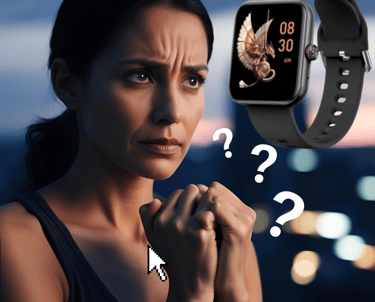 Mujer pensando si compra o no, un reloj inteligente