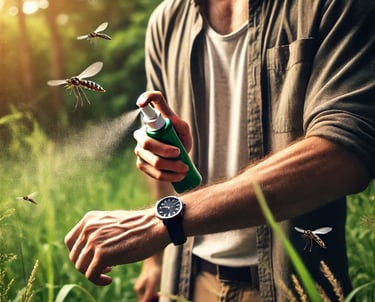 Un hombre colocándose repelente para mosquitos