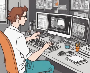 A workspace featuring a whiteboard with a social media content schedule, organized by day and platform, using sticky notes in varying colors. A wooden table holds an open laptop displaying a social media management application, alongside pens and small circular items.