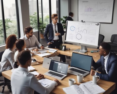 A person holds a smartphone that displays a website in French offering a simple and effective solution for managing social networks. The smartphone screen shows vibrant colors including purple and red text, and the background features green leaves.