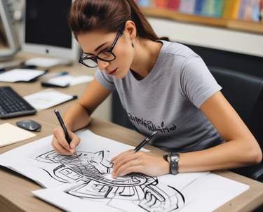 A computer monitor displays a graphic design software interface, specifically Adobe Photoshop CC 2018. The screen shows a digital webpage layout with various sections, featuring vibrant and colorful graphics. In the foreground, a desk with a notebook and some handwritten notes is visible, while another partially visible screen displays a scenic green landscape.