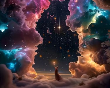 personne au milieu d'un rêve dans le ciel au milieu de nuage avec une ambiance colorée et douce 