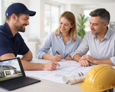 a man and woman looking at a laptop computer