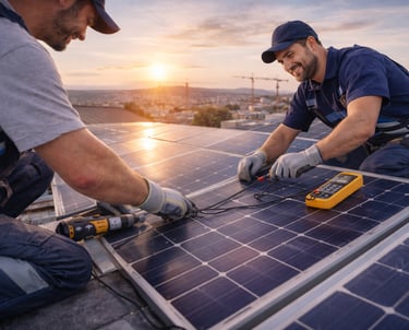 two men working on solar panels on a roof