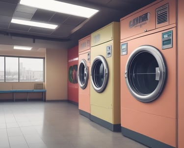 Several orange-fronted washing machines are aligned in a row, each with a circular glass door. On top of one of the machines, there is a green plastic laundry basket filled with clothes. Nearby, a stack of newspapers is placed on a counter.